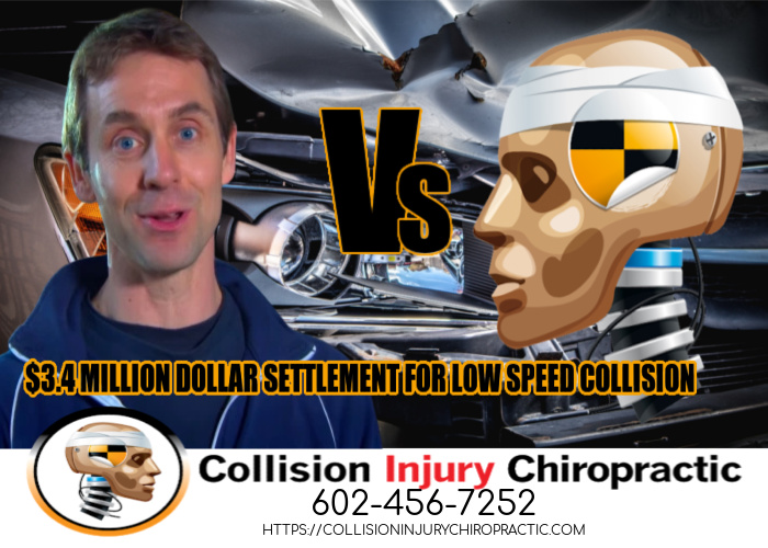 Graphic stating 3.4 MILLION SETTLEMENT FOR LOW SPEED COLLISION ACTOR Vs CRASH DUMMY 